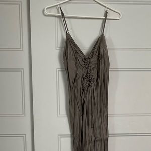 Zara satin gray ruched tie maxi dress